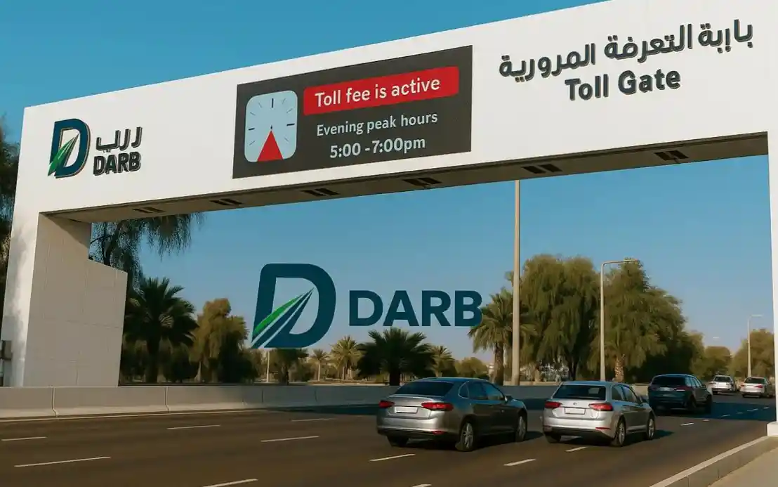 Luxury SUV driving through Dubai skyline