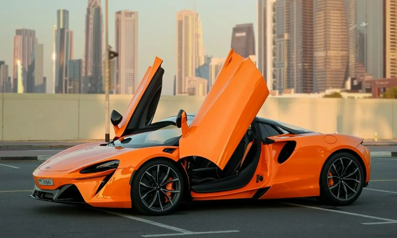 Luxury SUV driving through Dubai skyline